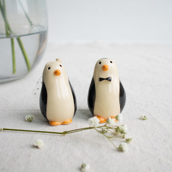 Handmade Ceramic Penguin Couple Cake Toppers