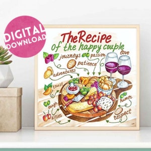 Puede incluir: Una impresión en acuarela enmarcada titulada "The Recipe of the Happy Couple". La obra presenta una tabla de servir de madera con varios alimentos, dos copas de vino y palabras manuscritas como "amor" y "pasión". Un círculo rosa con "DESCARGA DIGITAL" está en la parte superior izquierda.