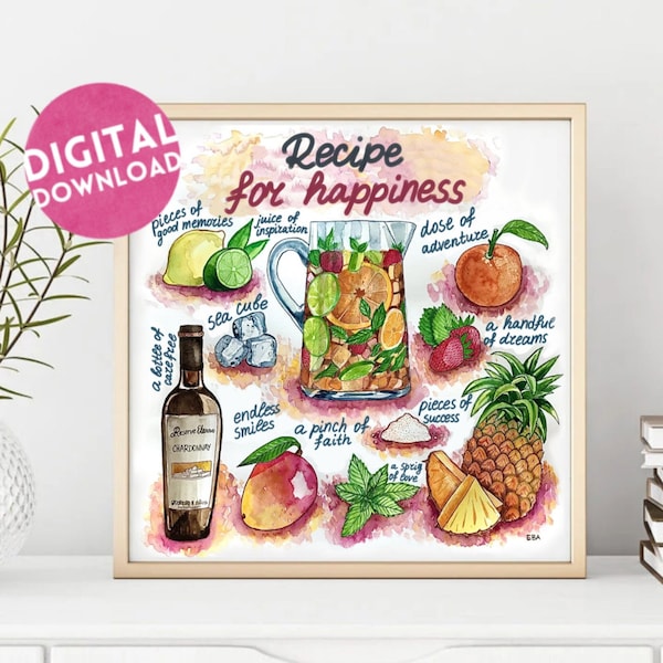 Recipe for happiness| Sangria illustrated recipe| Enjoy life| Happy Birthday gift| Wine poster|Alcohol poster|Aperitif poster|Red wine print