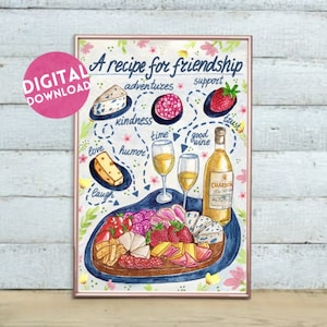 A recipe for friendship| Special Best Friend Birthday Gift| Friend Quotes| Culinary art| Illustrated recipe| Recipe art print| Wine&cheese
