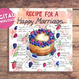 Recept voor een gelukkig huwelijk| Kookposter| Jubileumcadeau| Huwelijkscadeau| Taartrecept| Illustratie recept| Nieuw huiscadeau| Foodieposter