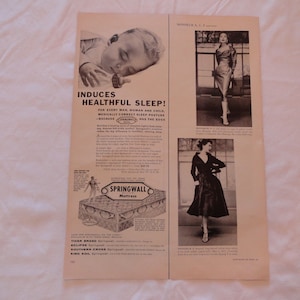May include: A black and white advertisement for a mattress brand called Springwall. The ad features a baby sleeping on a mattress and a woman in a dress standing in a room. The text on the ad reads "Induces Healthful Sleep!" and "Springwall Mattress".