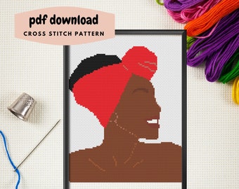 Black Woman Cross Stitch Pattern: Red Hair Wrap Portrait (PDF Download)