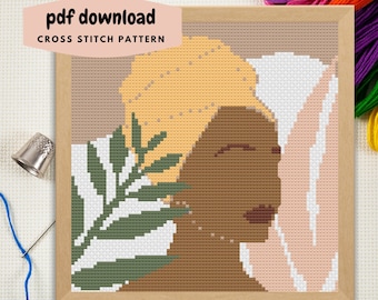 Black Woman Cross Stitch Pattern: Boho Yellow Wrap (PDF Download)