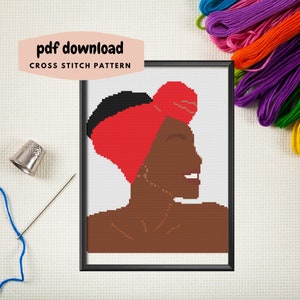 Cross stitch pattern with black girl red hair wrap, counted cross stitch, instant download PDF