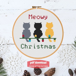 Christmas Cat Cross stitch pattern, Meowy Christmas , counted cross stitch, instant download PDF