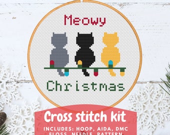 Christmas cat cross stitch kit Meowy Christmas, Christmas cat pattern, counted cross stitch
