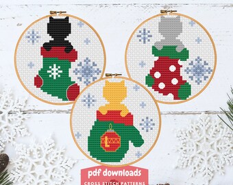 Christmas Cat Cross Stitch Pattern: Holiday Stocking & Mitten (PDF Download)