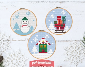 Christmas Cross Stitch Pattern: Snowman, House, Sleigh (PDF Download)
