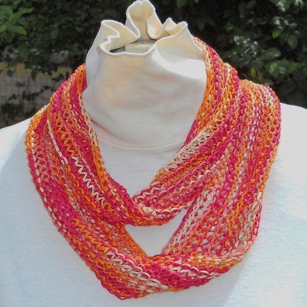Lady's summer-weight handknit open-stitch bamboo mobius scarf or cowl, red-orange-yellow