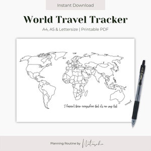 World Travel Tracker Printable, Map of the World Template, World Map Download, Country Tracker, Bullet Journal, Planner, Instant Download image 1