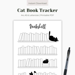 Planificador imprimible de estantería con temática de gatos, rastreador de lectura de libros de gatitos, plantilla de registro de lectura de gatos, página de diario de balas