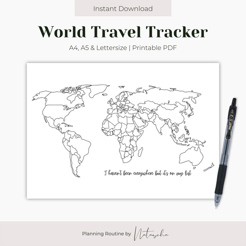 World Travel Tracker Printable, Map of the World Template, World Map Download, Country Tracker, Bullet Journal, Planner, Instant Download image 1