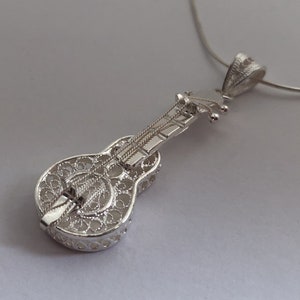 Guitar Necklace Guitar Pendant La Guitarra Española Sterling Silver Pendant Filigree Jewelry Flamenco Guitar Music Necklace light silver