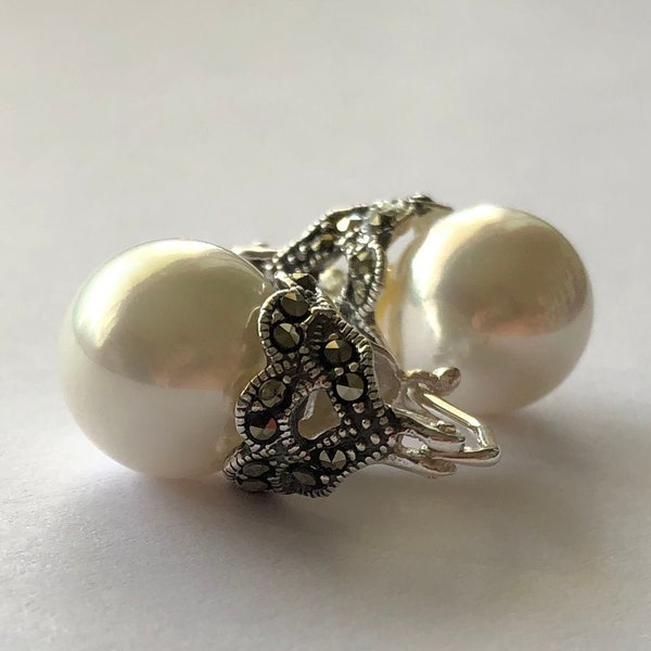 Pearl Earrings Lady D Grande - Sterling Silver Earrings with Pearl - Marcasite Jewelry - White Earrings - Gift for Her - Gift for Women