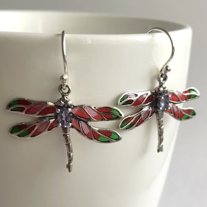 トンボのイヤリング - ステンドグラスのイヤリング Libelula Rosa - トンボのジュエリー - スターリングシルバーのイヤリング - アールヌーボーのイヤリング - ギフトアイデア