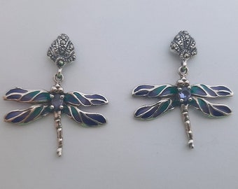 Dragonfly Earrings Libelula Azul Claro Studs - Stained Glass Enamel Earrings - Blue Earrings - Sterling Silver Earrings - Marcasite Jewelry