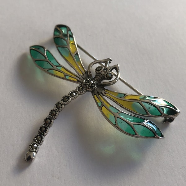 Broche libellule Libelula Menta - Broche en vitrail - Bijoux libellule - Broche en argent sterling - Broche en marcassite - Cadeau pour elle