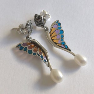 Butterfly Earrings Mariposa Naranja Azul - Sterling Silver Earrings - Stained Glass Earrings - Wing Earrings - Marcasite Earrings