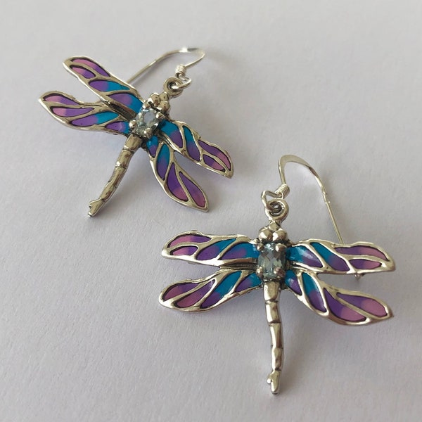 Silver Dragonfly Earrings Libelula Azul Morado - Dragonfly Jewelry - Sterling Silver Earrings - Stained Glass Earrings - Gift Idea for Her