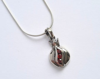 Silver Pomegranate Pendant Granada II New Design - Pomegranate Necklace - Sterling Silver Pendant - Red Stone - Valentine Gift Idea for Her