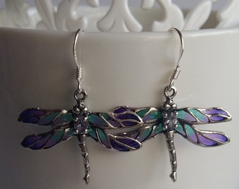 Brincos Libélula Azul Claro - Brincos de Vitral - Joias de Libélula - Brincos de Prata de Lei - Brincos Art Nouveau