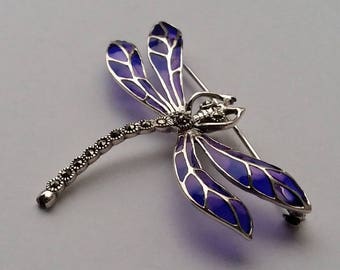 Dragonfly Brooch - Stained Glass Brooch Libelula Azul - Dragonfly Jewelry - Sterling Silver Brooch - Marcasite Brooch - Blue Brooch