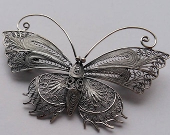 ANCIEN BIJOU BROCHE INSECTE PAPILLON BUTTERFLY ARGENT 800 FILIGRANÉ # Y150