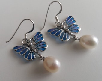 Butterfly Earrings Mariposa Azul - Blue Earrings - Pearl Earrings - Butterfly Jewelry - Stained Glass Earrings - Sterling Silver Earrings