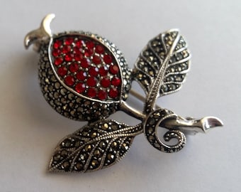 Large Pomegranate Brooch Granada Grande - Pomegranate Jewelry - Silver Jewelry - Marcasite Jewelry - Red Brooch - Gifts for Women