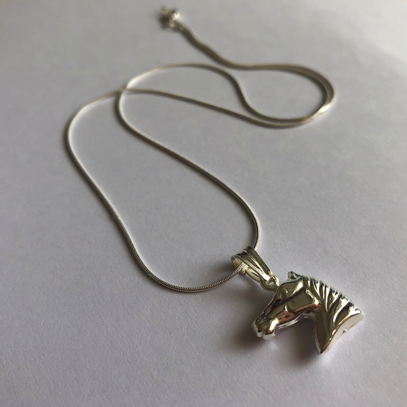 Puede incluir: Un collar de cadena de plata con un colgante de cabeza de caballo de plata.