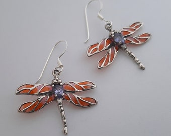 Dragonfly Earrings Libelula Anaranjada - Stained Glass Enamel Earrings - Dragonfly Jewelry - Sterling Silver Earrings - Gift Idea for Her