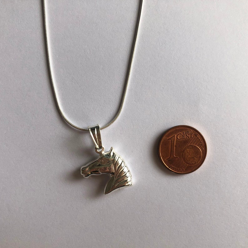 Puede incluir: Un collar de plata con un colgante de cabeza de caballo en una cadena de plata. El colgante es aproximadamente del tama&ntilde;o de una moneda de 1 c&eacute;ntimo de euro.