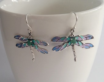 Dragonfly Earrings Libelula Azul - Emerald Earrings - Sterling Silver Earrings - Stained Glass Earrings - Blue Earrings - Dragonfly Jewelry