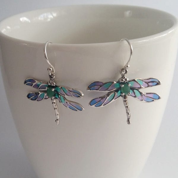 Dragonfly Earrings Libelula Azul - Emerald Earrings - Sterling Silver Earrings - Stained Glass Earrings - Blue Earrings - Dragonfly Jewelry