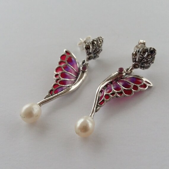 Butterfly Earrings Alas Mariposa Rojo - Butterfly Jewelry - Wing Earrings - Stained Glass Earrings - Sterling Silver Earrings - Pearl