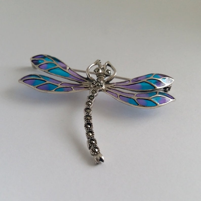 Blue Dragonfly Brooch Sterling Silver Silver Dragonfly Brooch Dragonfly Jewelry Stained Glass Silver Brooch Gift Idea Marcasite
