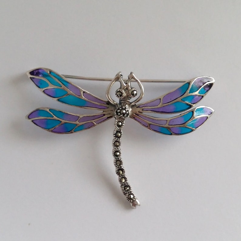 Blue Dragonfly Brooch Sterling Silver Silver Dragonfly Brooch Dragonfly Jewelry Stained Glass Silver Brooch Gift Idea Marcasite