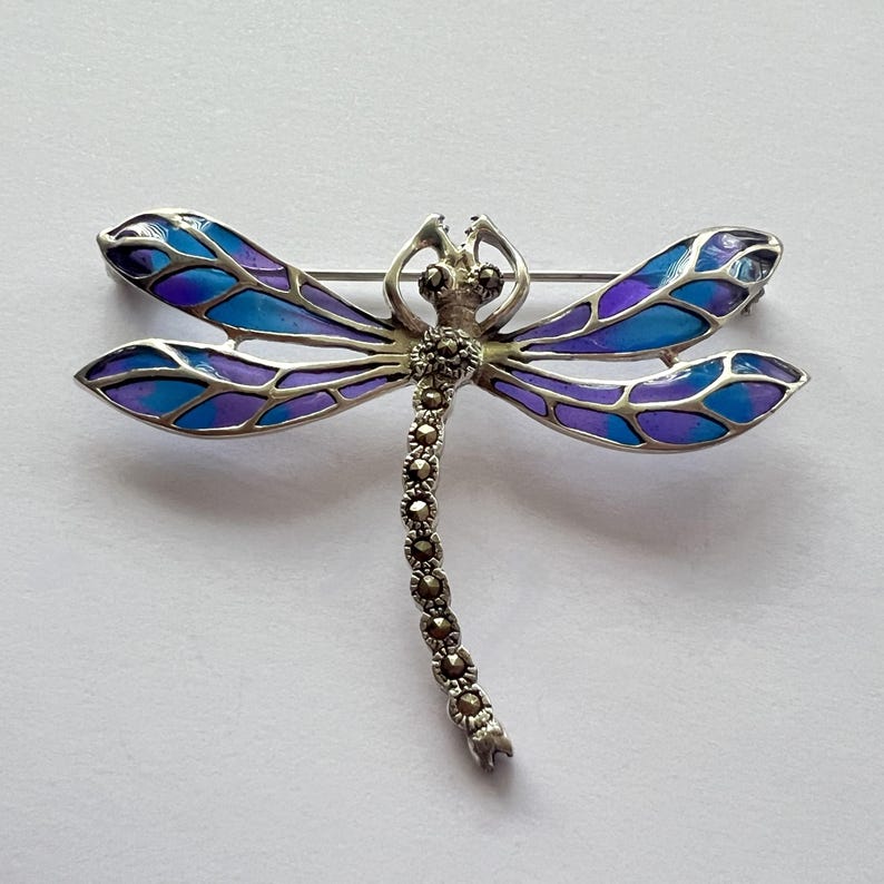 Pode incluir: Broche de lib&eacute;lula prateada com asas esmaltadas em azul e roxo. O corpo da lib&eacute;lula &eacute; detalhado com pequenas pedras redondas prateadas. As asas apresentam um efeito gradiente.