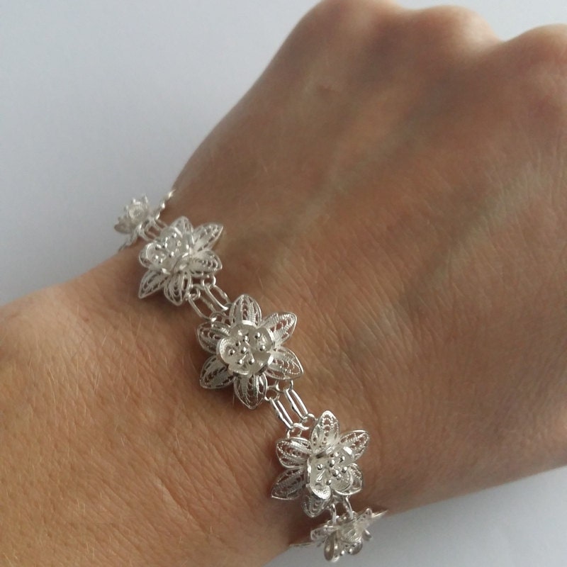SILVER925 FLOWER BRACELET/シルバー/ブレスレット Flower Bracelet Flores - Sterling Silver Bracelet - Filigree