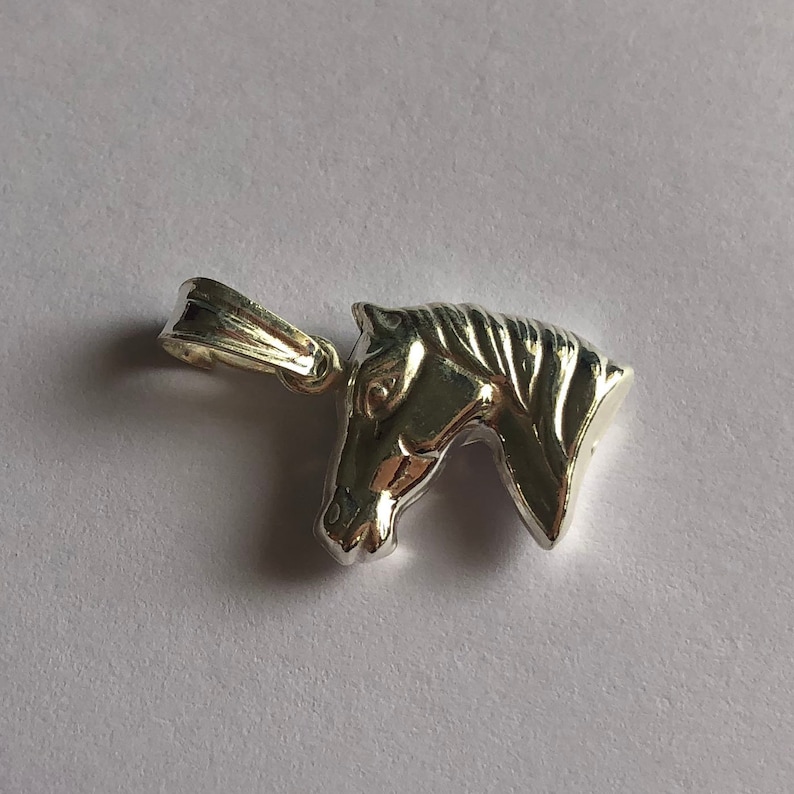 Puede incluir: Encanto de plata en forma de cabeza de caballo. La cabeza del caballo est&aacute; mirando hacia la derecha. El encanto tiene un bucle en la parte superior para sujetarlo a un collar o pulsera.