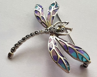 Dragonfly Brooch Libelula Lavanda - Stained Glass Brooch - Dragonfly Jewelry - Sterling Silver Brooch - Marcasite Brooch - Purple Brooch