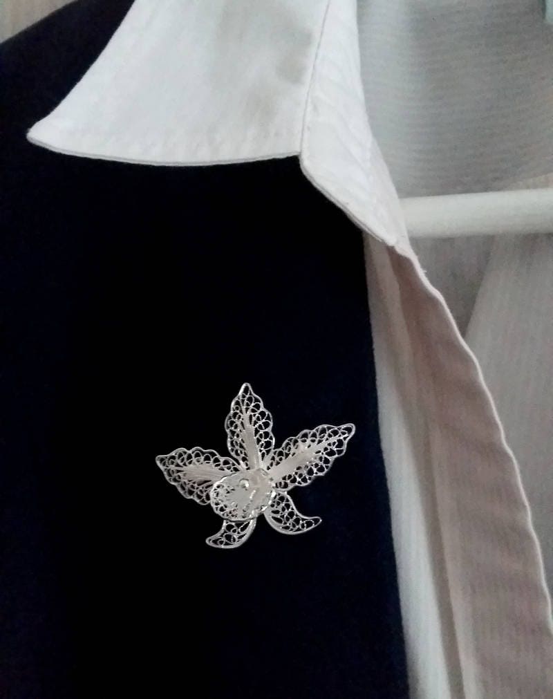 Broche Art Nouveau En Argent Sterling - Filigrane Fleur D'orchidée - Occasion - France