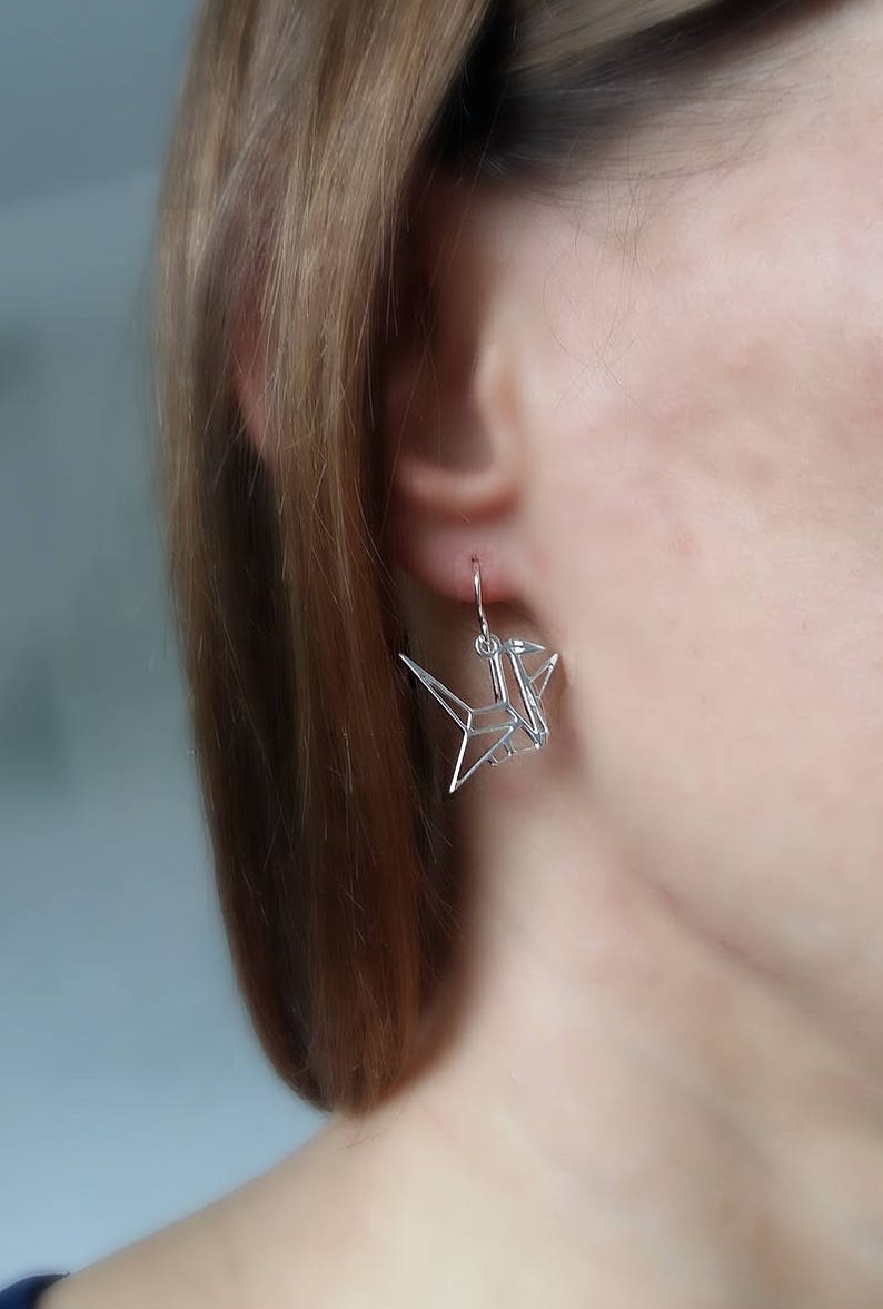 Bird Earrings - Origami Crane Earrings - Origami Jewelry - Sterling Silver Earrings - Lucky Earrings - Good Health Amulet - Gift for Her image 5