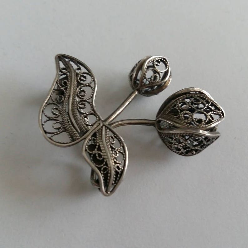 Filigree Brooch Tulipan Sterling Silver Brooch Gift Idea for Wife Filigree Jewelry Floral Brooch Silver Jewelry Flower Brooch