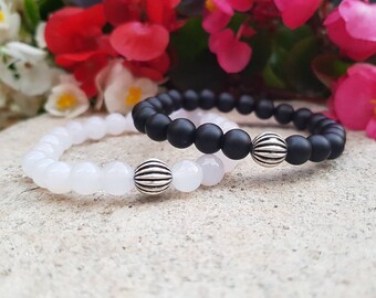 Matching Bracelets Set, Beaded Bracelets, Distance Bracelets,  Couples Bracelets, Friendship Bracelets, Unisex, Black and White, Gift