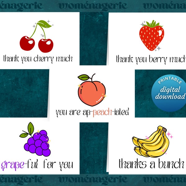 Fruit Themed Retro Thank You Cards, Print at Home, Playful Fruit Pun Designs, 4x6” Size, Includes Envelope Template, 5-Pack