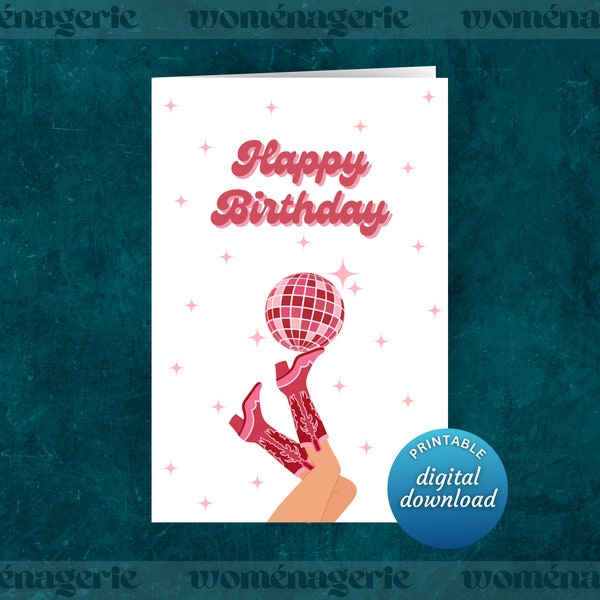 Disco Cowgirl Birthday Card 4x6", pink digital printable card, groovy western theme, space cowgirl birthday card