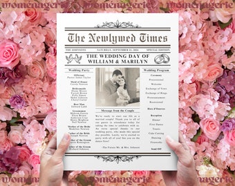 Plantilla de programa de bodas de periódico, programa de bodas vintage, personalizado, Canva