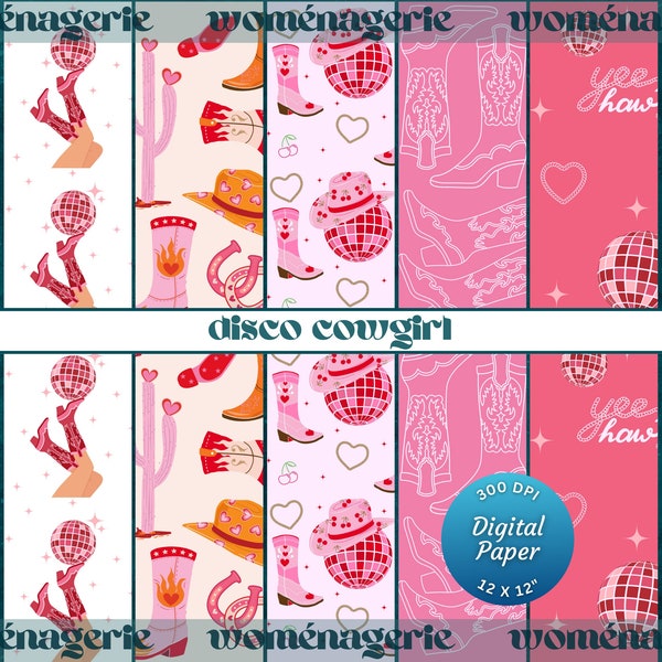 Disco Cowgirl Digital Paper, Set of 5, Pink Retro Western Theme Scrapbook